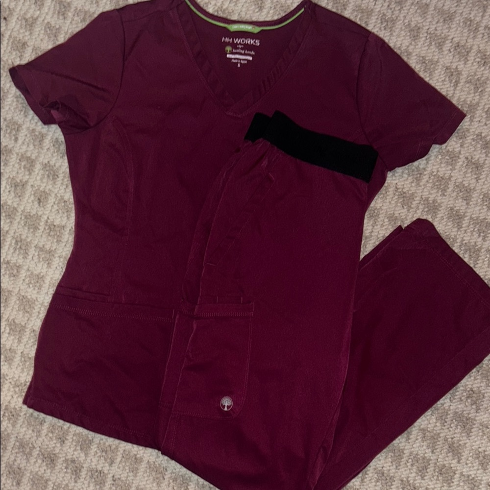 HH Works by Healing Hands Women's Size Small Burgundy Scrub Set